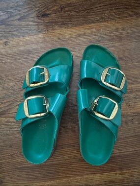 Birkenstock Green Double-Buckle Slide Sandals with Gold Buckles